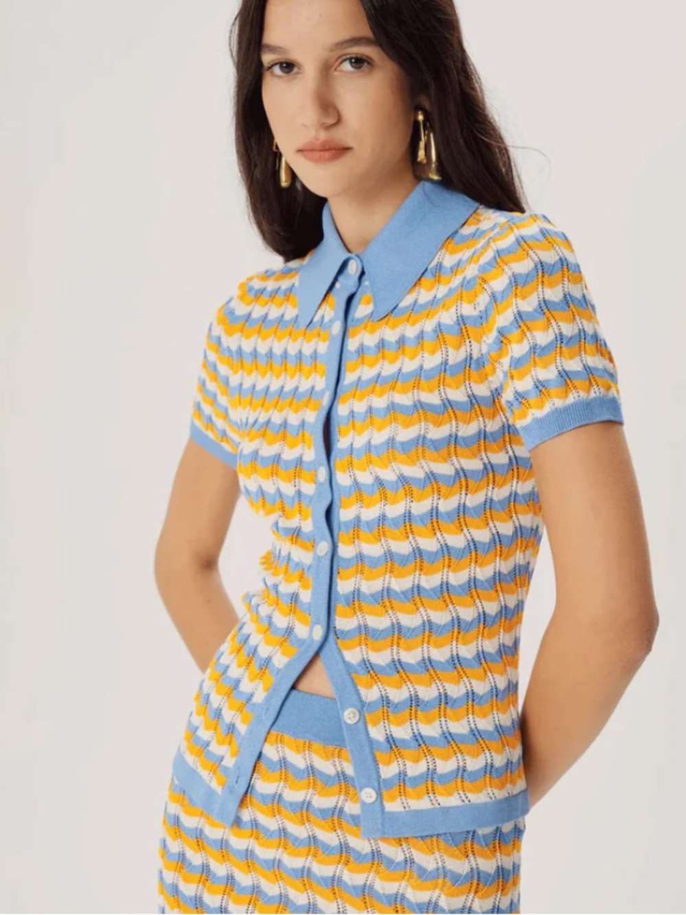 Ronny Kobo Blue & Yellow Wave Knit Polo Cardigan Top